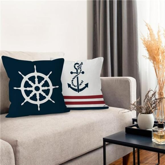 Navy Blue Nautical Anchor Pillow Covers 18x18 Set of 4 Ocean Coastal Boat Decor - Picture 6 of 8